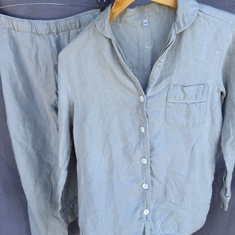 Serena &Lily Pajama Set XS Green 100% European Linen Portugal Coastal Loungewear